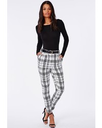 Missguided Grid Print High Waist Belted Cigarette Trousers White