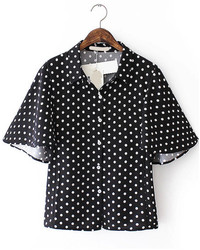 Lapel With Buttons Polka Dot White Blouse