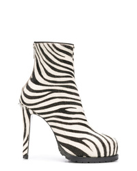 White and Black Print Calf Hair Ankle Boots