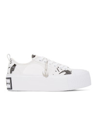 White and Black Print Canvas Low Top Sneakers