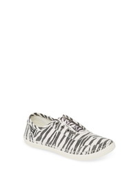 White and Black Print Canvas Slip-on Sneakers