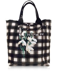 Carven Black And White Plaid Canvas Tote