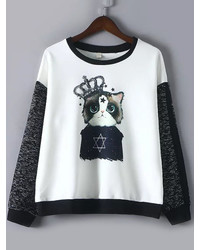 Round Neck Cat Print Loose Sweatshirt