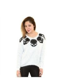 Soho Girl Fuzzy Wuzzy Skull Print Sweater In White