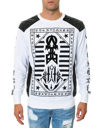 Square Zero Light Fleece Crew Neck Pullover With Aztec Print And Faux Leather Trim