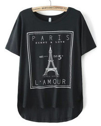 Black Eiffel Tower Print Dip Hem T Shirt