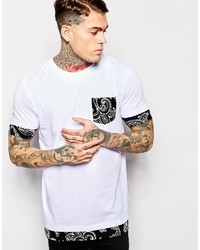 Asos Brand Longline T Shirt With Bandana Print Pocket Double Layer Effect