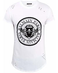 Balmain Circular Logo Print Distressed Cotton T Shirt