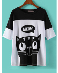 Colour Block Cat Print T Shirt