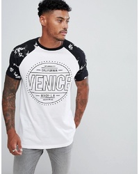 ASOS DESIGN Relaxed Longline T Shirt With Floral Raglan Sleeves And City Print