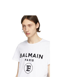 Balmain White Flocked Logo T Shirt