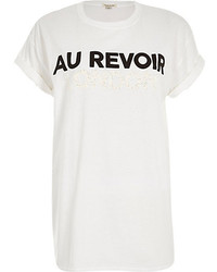 River Island White Textured Slogan Print T Shirt