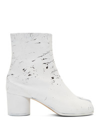 White and Black Print Leather Ankle Boots