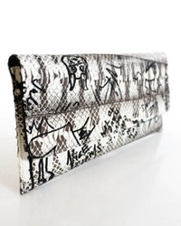 Carlos Falchi Nwt Brown White Black Leather Graphic Lizard Print Clutch Handbag