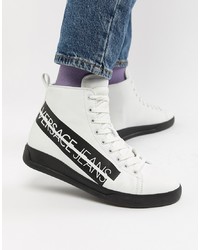 White and Black Print Leather High Top Sneakers