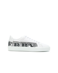 White and Black Print Leather Low Top Sneakers