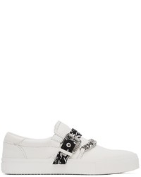White and Black Print Leather Slip-on Sneakers
