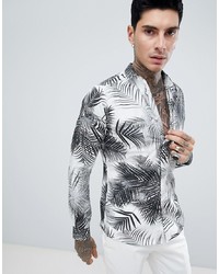 Twisted Tailor Skinny Long Sleeve Shirt In White Palm Print