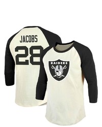 Majestic Threads Fanatics Branded Josh Jacobs Creamblack Las Vegas Raiders Vintage Player Name Number Raglan 34 Sleeve T Shirt