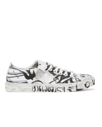 White and Black Print Low Top Sneakers