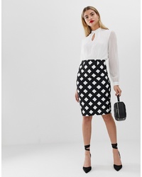 Paper Dolls Two In One Chiffon Blouson Dress With Contrast Grid Print Skirt In Mono