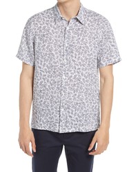 Theory Irving Regular Fit Palm Print Short Sleeve Button Up Linen Shirt