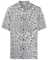 White and Black Print Silk Short Sleeve Shirt