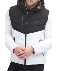 Tommy Hilfiger Chevron Colorblock Hooded Puffer Jacket In White Black At Nordstrom