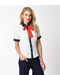 Unique Vintage 1940s Cream Navy Short Sleeve Red Neck Tie Blouse
