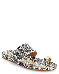 White and Black Snake Leather Flat Sandals
