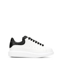 White and Black Snake Leather Low Top Sneakers