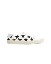 White and Black Star Print Leather Low Top Sneakers