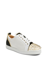 White and Black Studded Low Top Sneakers