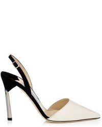 Jimmy Choo Devleen Off White Patent And Black Suede Pointy Toe Sling Backs With Metallic Heel