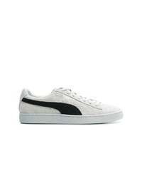 White and Black Suede Low Top Sneakers