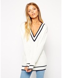 Asos Cricket Sweater With V Neck And Tipping White
