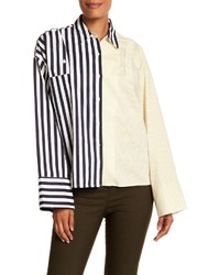 Alpha Omega Contrast Front Button Down Stripe Blouse
