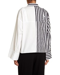Alpha Omega Contrast Front Button Down Stripe Blouse