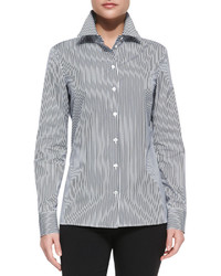 Michl Kors Collection Long Sleeve Striped Poplin Shirt Midnightoptic White