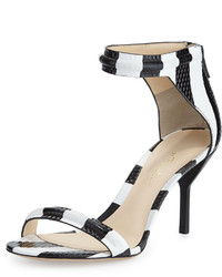 White and Black Vertical Striped Leather Heeled Sandals