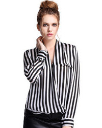 Romwe White And Black Fluid Striped Shirt