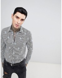 Devils Advocate Devils Advocate Long Sleeve Slim Fit Fine Stripe Floral Overprint Shirt