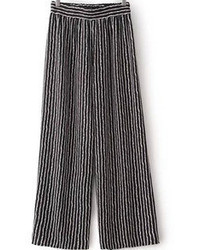 Elastic Waist Vertical Striped Wide Lege Black Pant