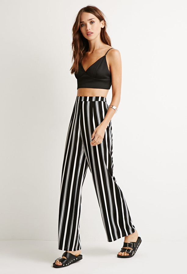 black white striped wide leg pants