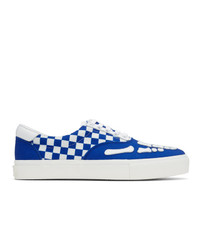 White and Blue Check Canvas Low Top Sneakers