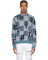Amiri Blue White Jacquard Check Logo Sweater