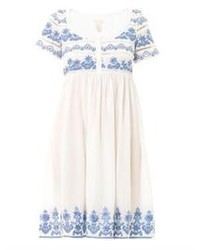 White and Blue Embroidered Casual Dress