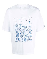 White and Blue Embroidered Crew-neck T-shirt