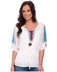 Cruel Rayon Cross Hatch Tunic Peasant Top Self Belt Lace Piecing Contrast Stitching And Embroidery