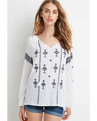 Forever 21 Embroidered Gauze Peasant Top